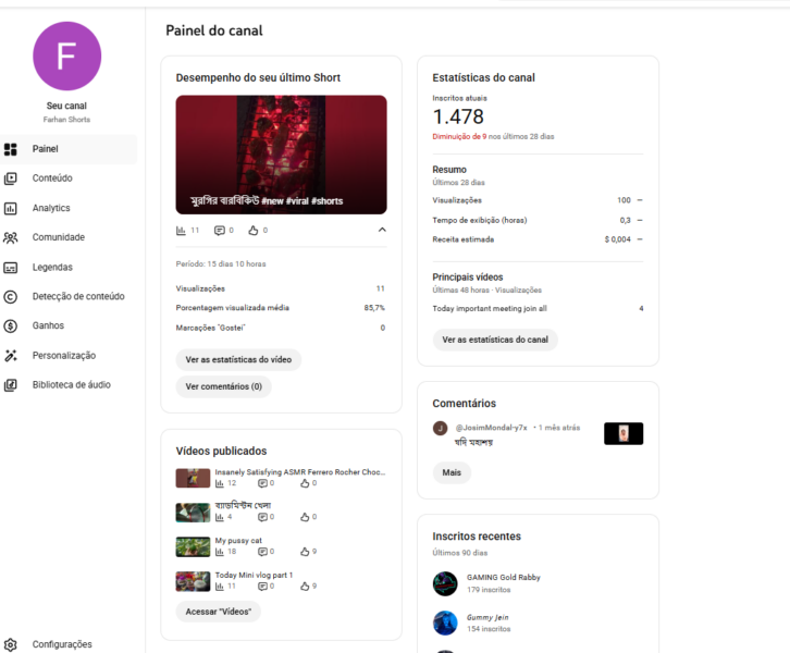 Canal Youtube Monetizado 1478 Seguidores