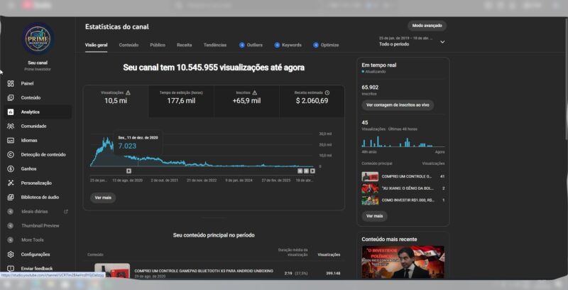 Canal YouTube 64K Inscritos | Monetizado | Nicho Finanças (Alto CPM) | Pronto para Escalar