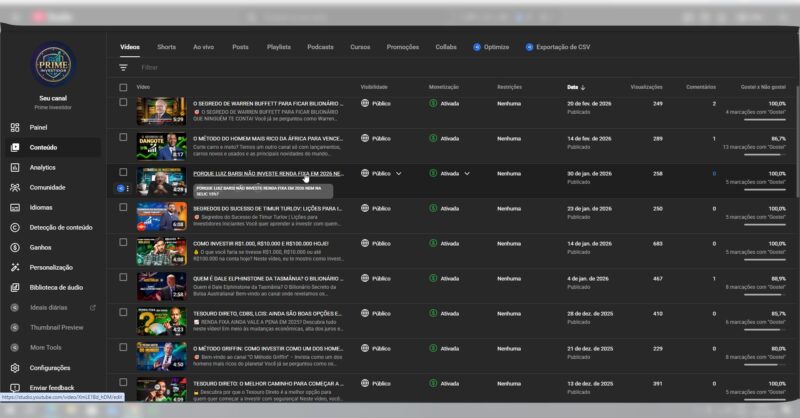 Canal YouTube 64K Inscritos | Monetizado | Nicho Finanças (Alto CPM) | Pronto para Escalar