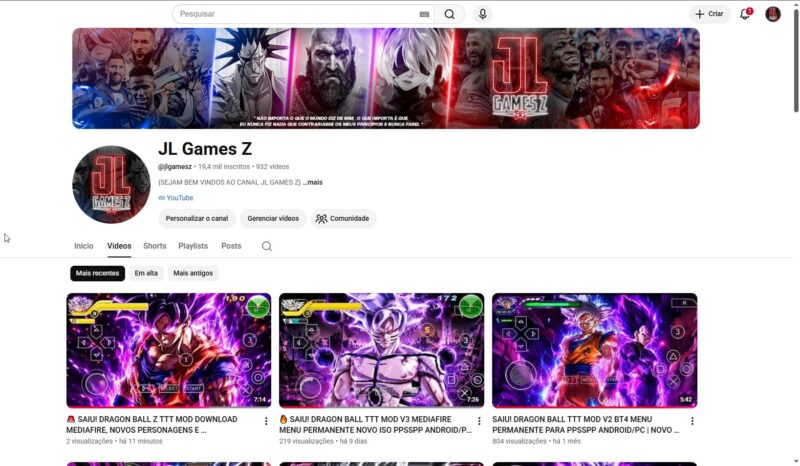 CANAL DO YOUTUBE 20K Inscritos De Games de DRAGON BALL E OUTRO GAMES| Pronto para Escalar
